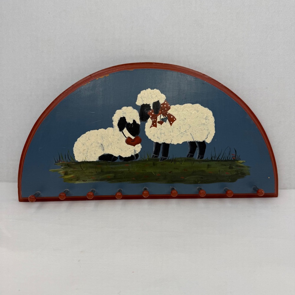 Vintage Folk Art Hand Painted Wooden Sheep Wall Plaque Peg Rack Key Holder Blue
